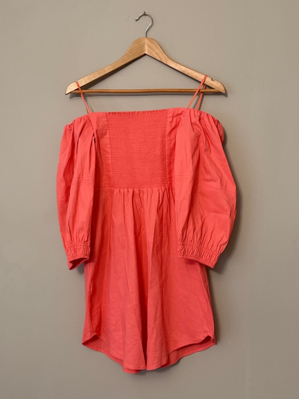 A.L.C. Mila Off Shoulder Puff Sleeve Mini Dress Coral 6 Flaw Ruched Sweetheart - Picture 3 of 9